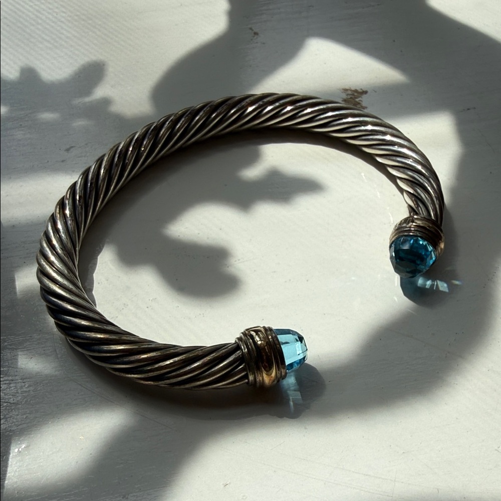David Yurman Sterling Silver Cable Bracelet with Yellow Gold and Blue Topaz 7mm